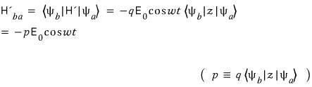 The off-diagonal interaction energy equals minus p E zero cosine omega t, with p defined as q times the z matrix element.