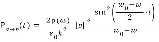 Therefore P_a→b(t) = (2ρ(ω)/(ε₀ħ²))|p|² sin²((ω₀−ω)t/2)/(ω₀−ω)²