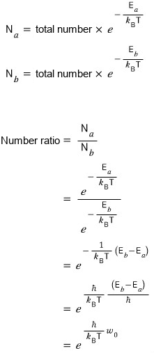 Boltzmann distribution: N_a and N_b are proportional to e^(−E_a/k_BT) and e^(−E_b/k_BT), so the number ratio is N_a/N_b = e^(−E_a/k_BT)/e^(−E_b/k_BT) = e^((E_b − E_a)/k_BT) = e^(ħω₀/k_BT)