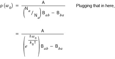 Plugging that into ρ(ω₀) = A/((N_a/N_b)B_ab − B_ba) gives ρ(ω₀) = A/(e^(ħω₀/k_BT)B_ab − B_ba)