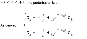Coupled differential equations for the two probability amplitudes while the rectangular perturbation is active.