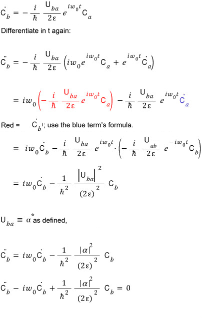 Elimination of the lower-state amplitude to obtain a second-order differential equation for the upper-state amplitude.
