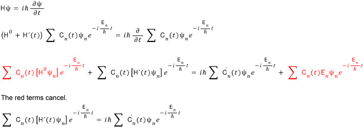 Substituting the state expansion into the Schrödinger equation; the red unperturbed-energy terms cancel.