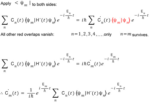 Projection onto state m, using orthogonality to obtain its amplitude equation and the sum over coupled states.