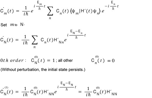 Substituting the initially occupied state into the amplitude equation before retaining the first perturbative correction.