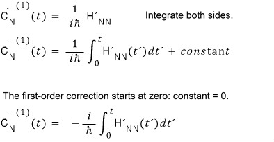 Integrating the equation for the initially occupied state’s first-order correction and distinguishing it from the total amplitude.