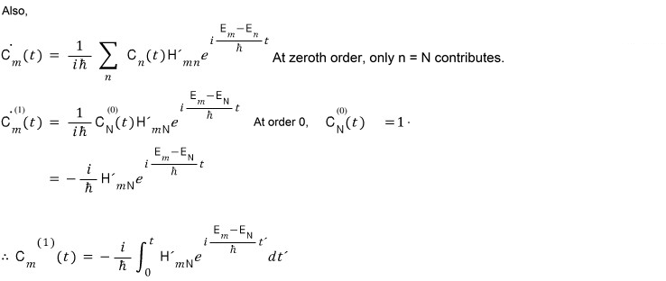 Integrating the first-order transition amplitude from the initially occupied state N to a different state m.