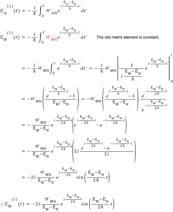 Evaluating the constant-perturbation integral and factoring its exponential difference into a phase times a sine.