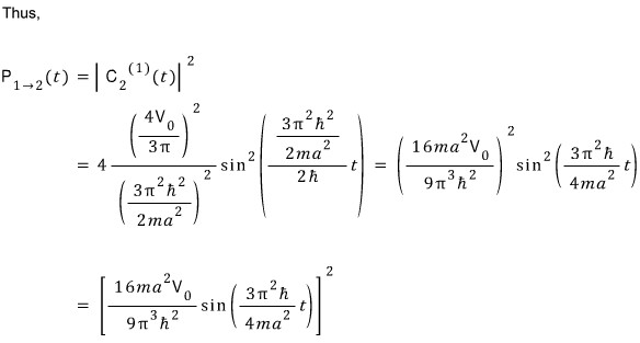 Combining the energy gap and matrix element to obtain the leading excitation probability as the square of a coefficient times a sine.