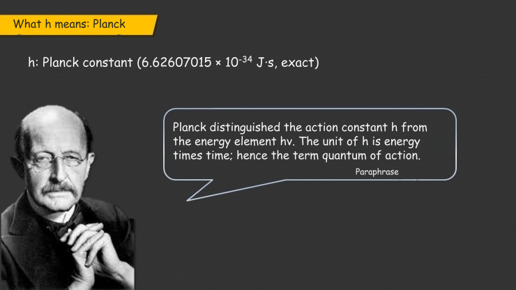 Slide explaining Planck&rsquo;s constant as a quantity with units of energy multiplied by time.