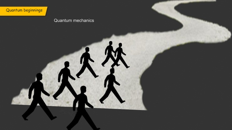 Closing illustration of people following a path toward quantum mechanics.