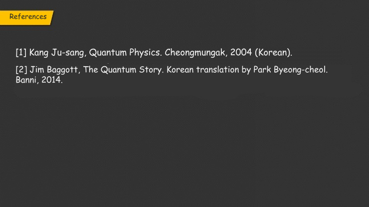 Original presentation reference list naming books by Kang Ju-sang and Jim Baggott.