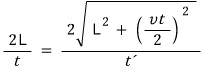 Formula: 2L over t equals 2 times the square root of L squared plus the square of vt over 2, all over t prime
