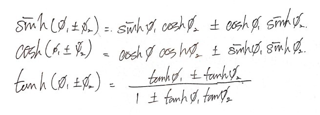 Hyperbolic addition formulas for sinh, cosh and tanh of φ₁ ± φ₂