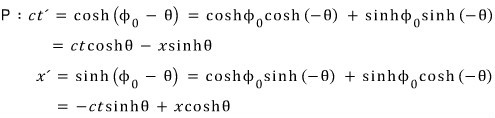 In the red frame: ct′ = cosh(φ₀ − θ) = ct cosh θ − x sinh θ and x′ = sinh(φ₀ − θ) = −ct sinh θ + x cosh θ