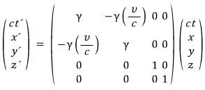 The 4×4 boost matrix acting on (ct, x, y, z), leaving y and z alone