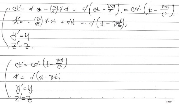 The transformation written out by hand: ct′ = cγ(t − vx/c²), x′ = γ(x − vt), y′ = y, z′ = z
