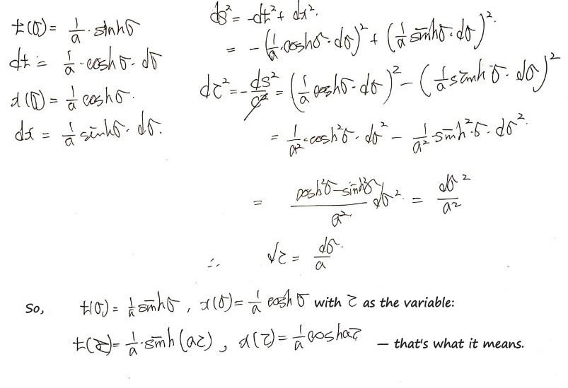 Handwritten: from t = (1/a) sinh σ and x = (1/a) cosh σ, dτ² = −ds² gives dτ = dσ/a, so the world line becomes t(τ) = (1/a) sinh(aτ), x(τ) = (1/a) cosh(aτ)