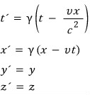 The Lorentz transformation t′ = γ(t − vx/c²), x′ = γ(x − vt), y′ = y, z′ = z