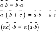 Dot-product rules: ã·b̃ = b̃·ã, ã·(b̃ + c̃) = ã·b̃ + ã·c̃, (αã)·b̃ = α(ã·b̃)