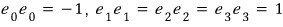 The basis dot products ẽ_0·ẽ_0 = −1, ẽ_1·ẽ_1 = ẽ_2·ẽ_2 = ẽ_3·ẽ_3 = 1