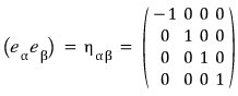 (ẽ_α·ẽ_β) = η_αβ, the 4×4 matrix with −1, 1, 1, 1 on the diagonal and 0 elsewhere