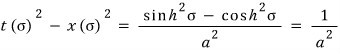 The difference t(σ)² − x(σ)² worked out with sinh and cosh