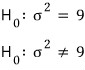 Source hypothesis block labels both rows H₀: σ² = 9 and σ² ≠ 9