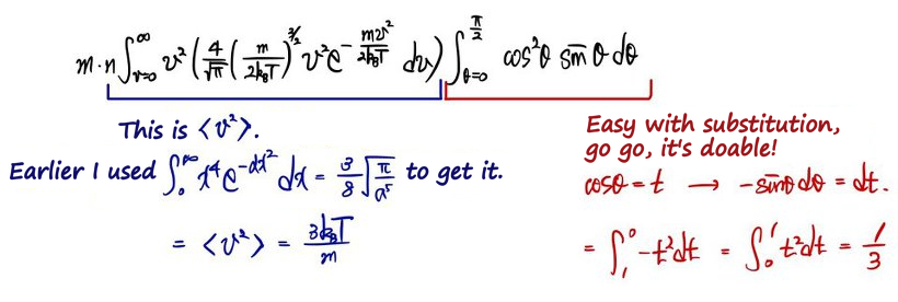 Worked integrals: the v-part gives ⟨v²⟩ = 3k_BT/m and the θ-part gives 1/3
