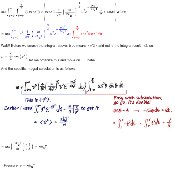 The end of the pressure derivation from the previous post: the integral splits into a v part, which is ⟨v²⟩ = 3k_BT/m, and a θ part, which is 1/3, so p = nk_BT