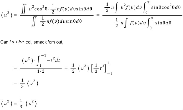 The average of u² = v²cos²θ works out to ⟨u²⟩ = ⅓⟨v²⟩