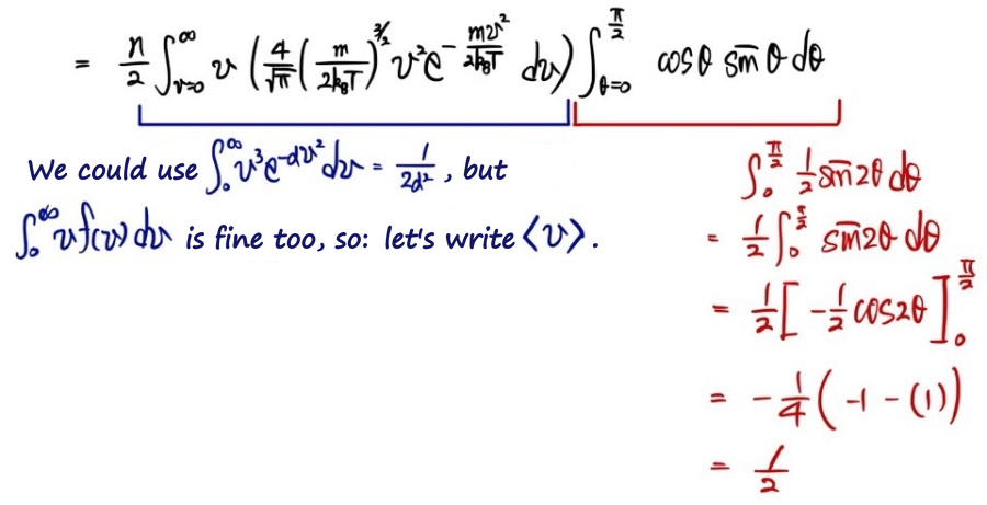 Handwritten working: the v integral is written ⟨v⟩, and the θ integral of cosθ sinθ dθ from 0 to π/2 comes out to ½
