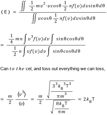 The average energy of the effusing molecules: ⟨E⟩ = (m/2)⟨v³⟩/⟨v⟩ = 2k_BT