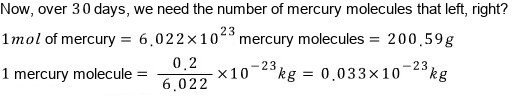 The mass of one mercury molecule: 200.59 g per mol and 6.022×10²³ molecules per mol give about 0.033×10⁻²³ kg