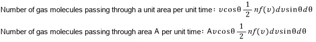 The number of gas molecules passing through a unit area per unit time, and through an area A per unit time: A v cosθ · ½ n f(v) dv sinθ dθ