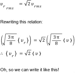 The rms of v_r is √2 v_rms; rewriting both sides with mean speeds gives ⟨v_r⟩ = √2⟨v⟩