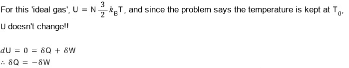 First lines of the answer: for the ideal gas U = N·(3/2)k_BT and the temperature is held at T₀, so U does not change; dU = 0 = δQ + δW, hence δQ = −δW
