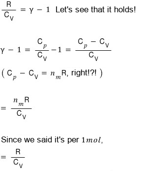 Showing R/C_V = γ − 1: γ − 1 = (C_p − C_V)/C_V = n_mR/C_V, and per 1 mol this is R/C_V