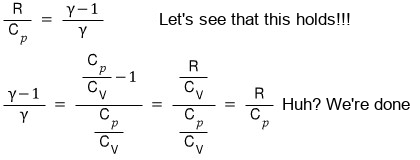 Showing R/C_p = (γ − 1)/γ: (γ − 1)/γ = (C_p/C_V − 1)/(C_p/C_V) = (R/C_V)/(C_p/C_V) = R/C_p