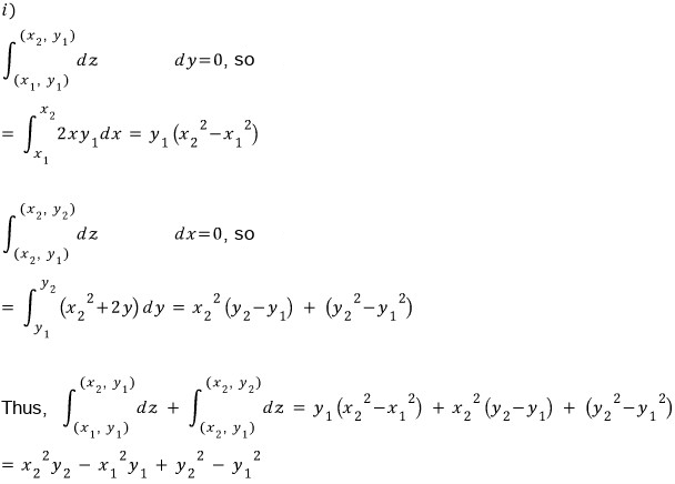 Path i): the two straight pieces give y₁(x₂² − x₁²) and x₂²(y₂ − y₁) + (y₂² − y₁²), in total x₂²y₂ − x₁²y₁ + y₂² − y₁²