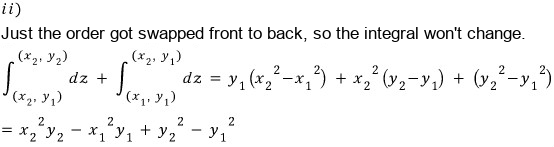 Path-ii picture mistakenly repeats the path-i integrals in the other order; the final total is nevertheless right, x₂²y₂ − x₁²y₁ + y₂² − y₁²