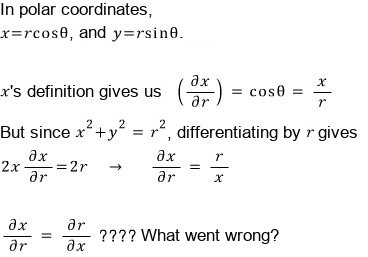 Polar coordinates x = r cosθ, y = r sinθ. From the definition of x, (∂x/∂r) = cosθ = x/r. Differentiating x² + y² = r² by r instead gives ∂x/∂r = r/x. So ∂x/∂r = ∂r/∂x???? What went wrong?