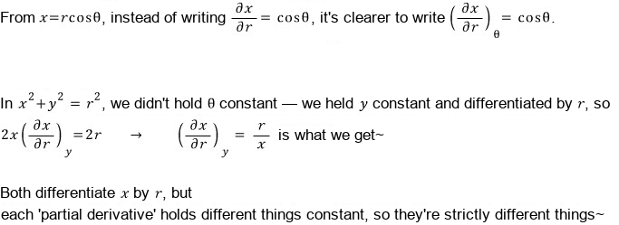 The answer: (∂x/∂r)_θ = cosθ holds θ constant, while differentiating x² + y² = r² by r holds y constant, so 2x(∂x/∂r)_y = 2r and (∂x/∂r)_y = r/x; the two partial derivatives are strictly different things
