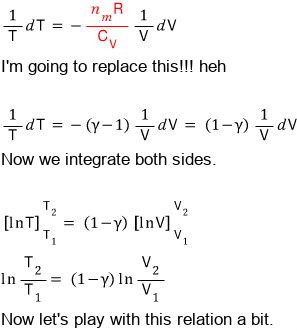 Replacing the red term n_mR/C_V with γ − 1: (1/T) dT = −(γ − 1)(1/V) dV = (1 − γ)(1/V) dV; integrating both sides gives ln(T₂/T₁) = (1 − γ) ln(V₂/V₁)