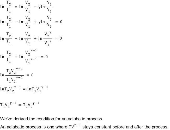 Playing with that relation line by line: ln(T₂/T₁) = (1 − γ) ln(V₂/V₁) ends up as T₁V₁^(γ−1) = T₂V₂^(γ−1), so T V^(γ−1) stays constant in an adiabatic process
