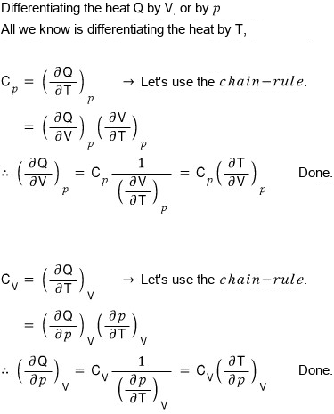 Proof: all we know is differentiating heat by T, so use the chain rule: C_p = (∂Q/∂T)_p = (∂Q/∂V)_p (∂V/∂T)_p, hence (∂Q/∂V)_p = C_p/(∂V/∂T)_p = C_p (∂T/∂V)_p; the same with C_V and p gives (∂Q/∂p)_V = C_V (∂T/∂p)_V