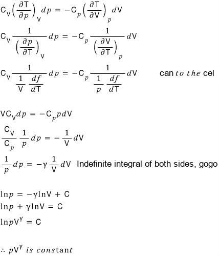 Substituting: after the cancelling (‘can to the cel’) V C_V dp = −C_p p dV, so (1/p) dp = −γ (1/V) dV; ‘indefinite integral of both sides, gogo’: ln p = −γ ln V + C, so ln(pV^γ) = C and pV^γ is constant