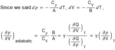 First relation: with dp = −(C_p/A) dT and dV = −(C_V/B) dT, (∂p/∂V)_adiabatic = (C_p/C_V)(B/A) = γ (∂Q/∂V)_T/(∂Q/∂p)_T = γ (∂p/∂V)_T