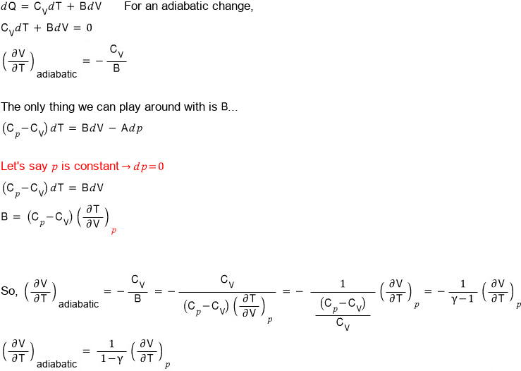 Second relation: C_V dT + B dV = 0 gives (∂V/∂T)_adiabatic = −C_V/B; with dp = 0, B = (C_p − C_V)(∂T/∂V)_p; so (∂V/∂T)_adiabatic = −1/(γ−1) (∂V/∂T)_p = 1/(1−γ) (∂V/∂T)_p