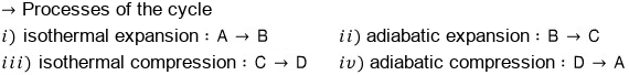 The cycle steps: i) isothermal expansion A to B, ii) adiabatic expansion B to C, iii) isothermal compression C to D, iv) adiabatic compression D to A